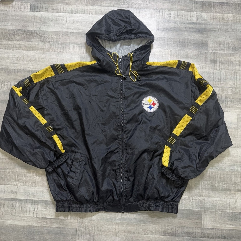 VINTAGE Pittsburgh Steelers Jacket Men's XL Black Game Day Mesh Lining Hooded